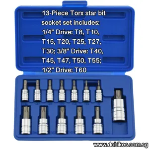 13 Pieces Steel Torx Bit 1/4” | 1/2” Drive T8 - T60 S2 Metric Hex Bit Socket Tool Box Set