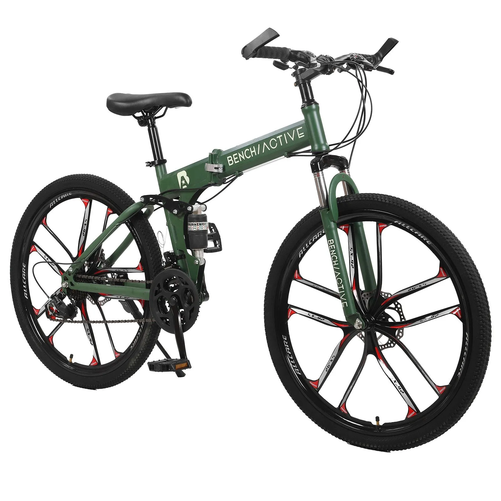 26 in Folding Mountain Bikes 21 Speed, Non-Slip Adults High-Carbon Steel Mountain Bicycle w/ Double Disc Brakes Full Suspension
