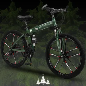 26 in Folding Mountain Bikes 21 Speed, Non-Slip Adults High-Carbon Steel Mountain Bicycle w/ Double Disc Brakes Full Suspension
