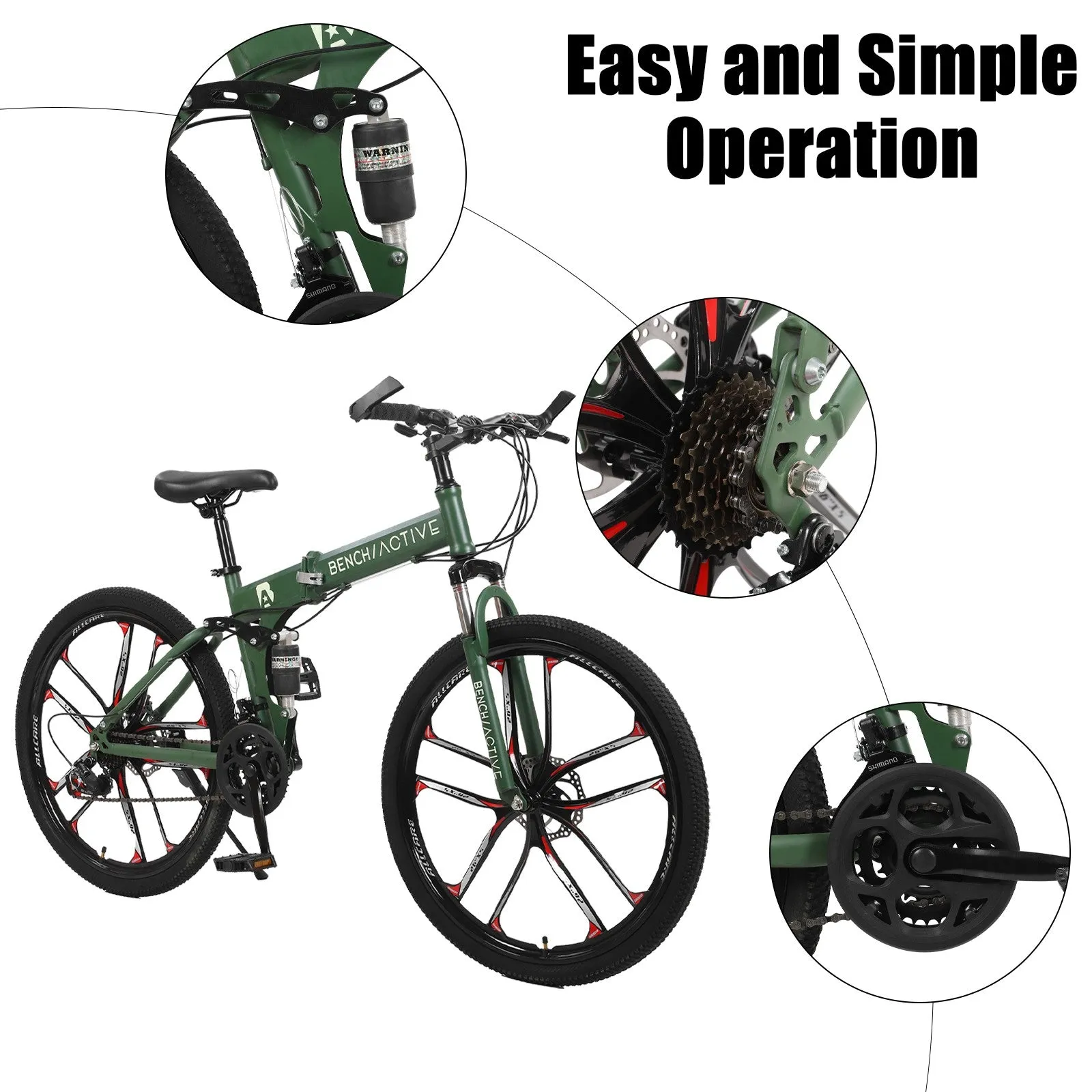 26 in Folding Mountain Bikes 21 Speed, Non-Slip Adults High-Carbon Steel Mountain Bicycle w/ Double Disc Brakes Full Suspension