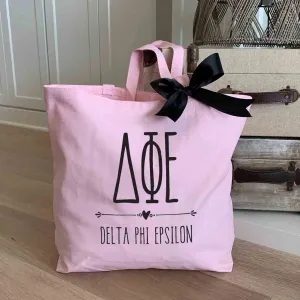 Delta Phi Epsilon Pink Canvas Tote Bag with Black Bow