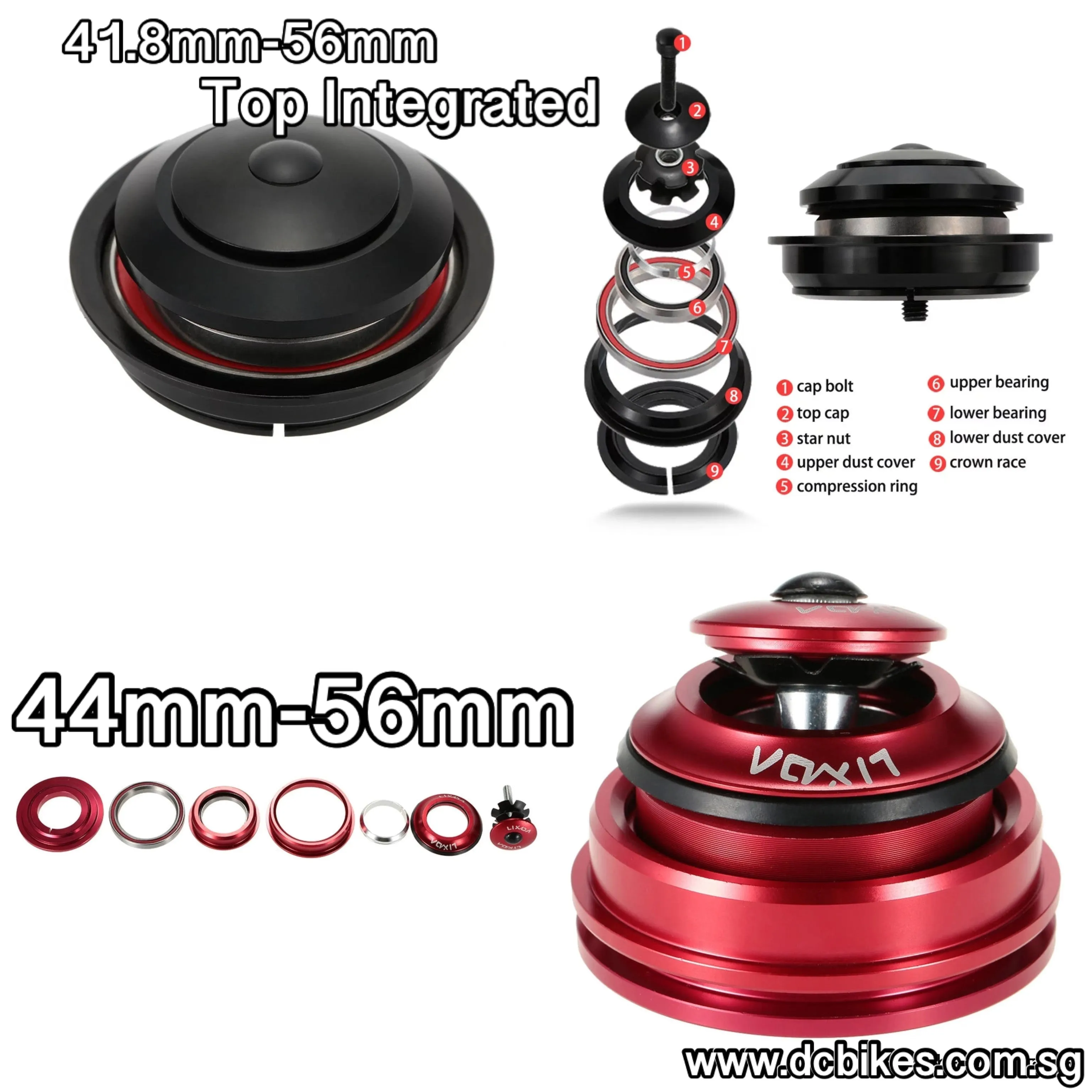 Integrated Top Bearing 41.8mm-56mm Tapered Headset   2 Sealed Bearings CNC Aluminum