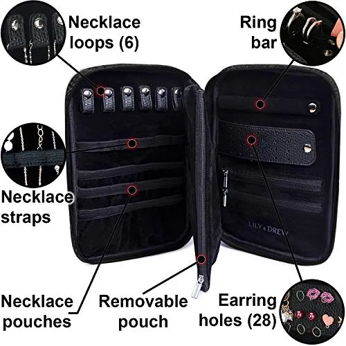 Lily & Drew Travel Jewelry Storage Carrying Case Jewelry Organizer with Removable Pouch, in Gift Box (V1B Black)