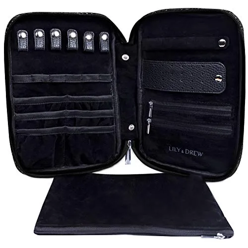 Lily & Drew Travel Jewelry Storage Carrying Case Jewelry Organizer with Removable Pouch, in Gift Box (V1B Black)