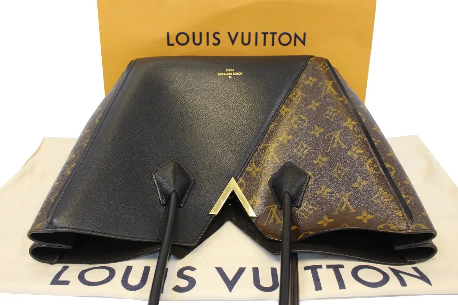 LOUIS VUITTON Monogram Canvas Black Leather Kimono Tote Bag