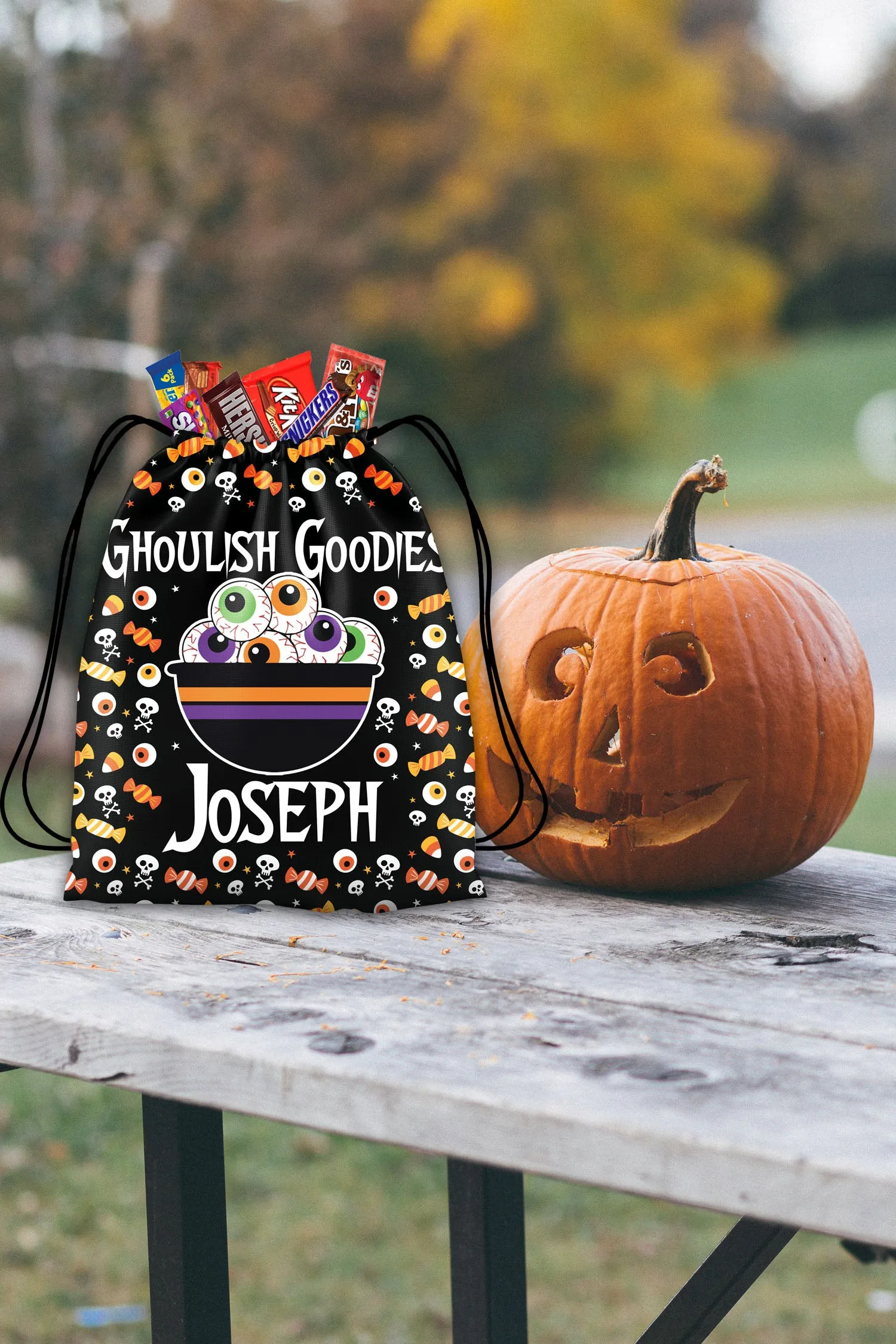 Personalized Halloween Trick Or Treat Bag, Kids Drawstring Bag - Bowl Of Eyeballs