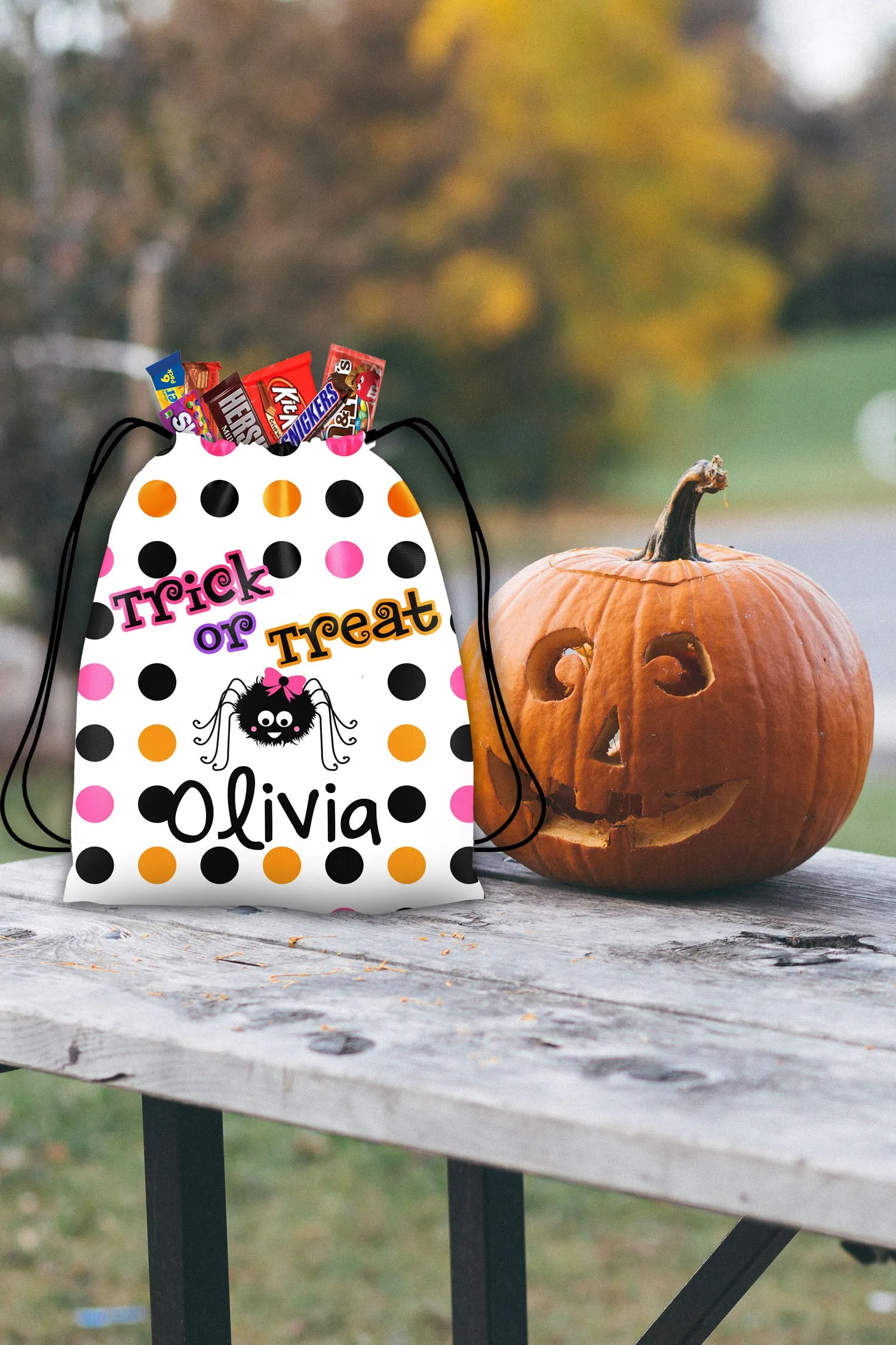 Personalized Halloween Trick Or Treat Bag, Kids Drawstring Bag - Girl Spider