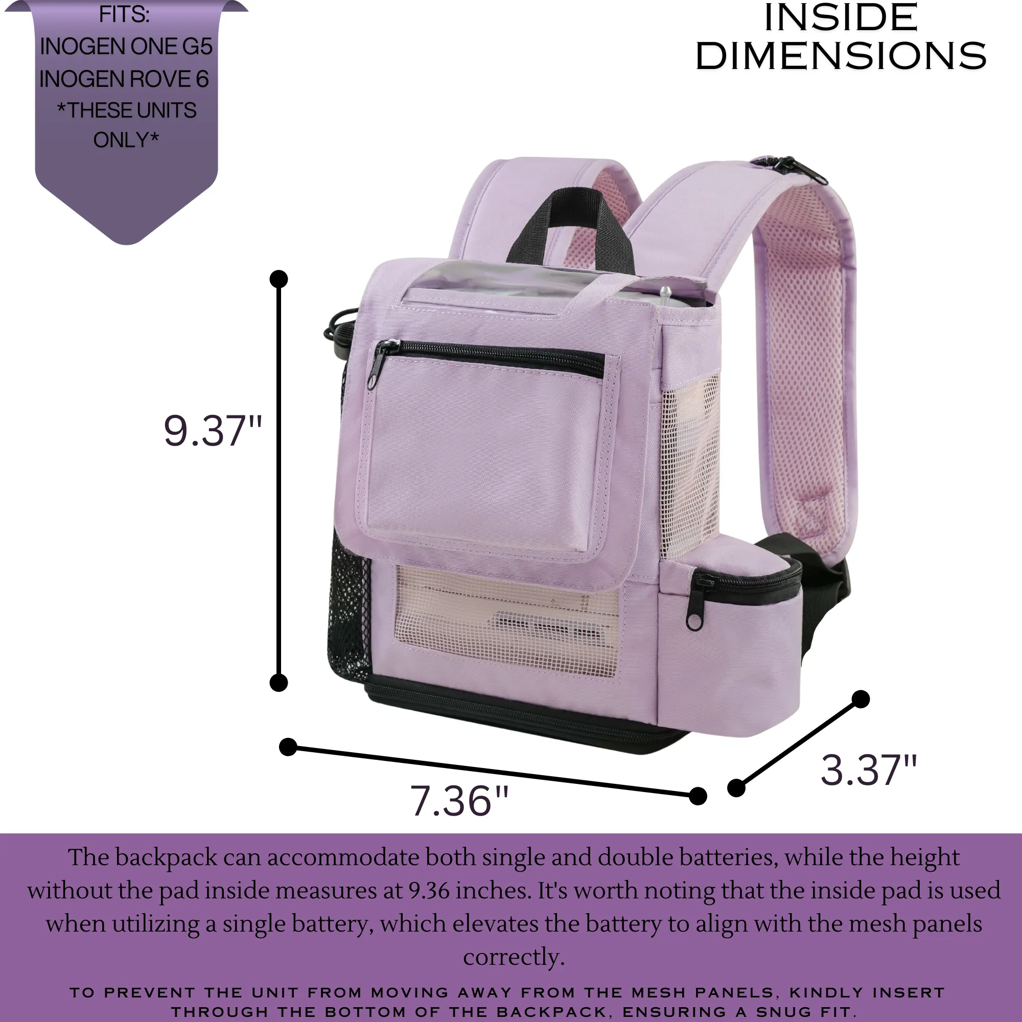 REFURBISHED Inogen One G5/Inogen Rove 6/OxyGo Next Lightweight Backpack w/Pockets - Light Purple