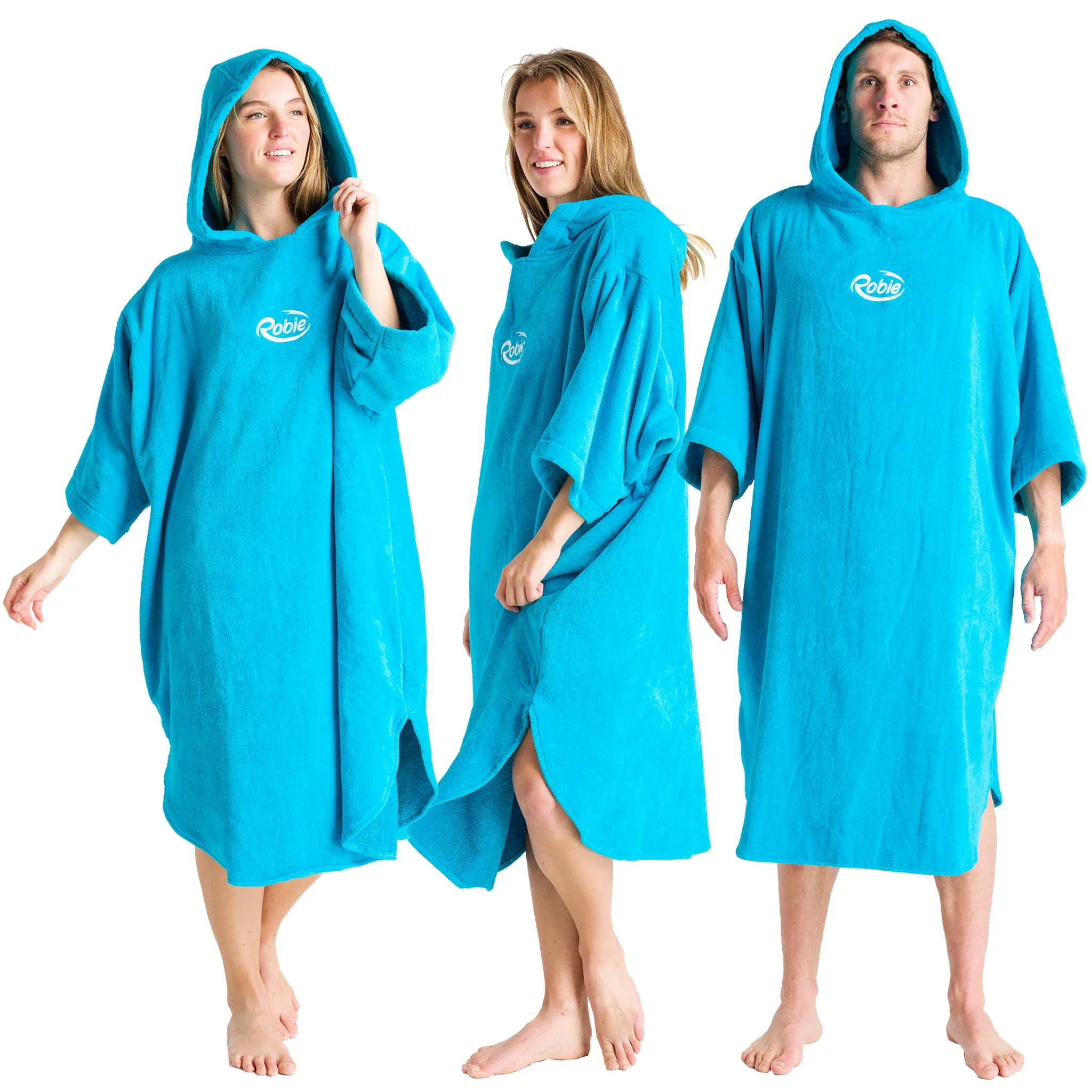 Robie Robes Adult Original Long Sleeve Towelling Beach Changing Poncho - Blue Atoll
