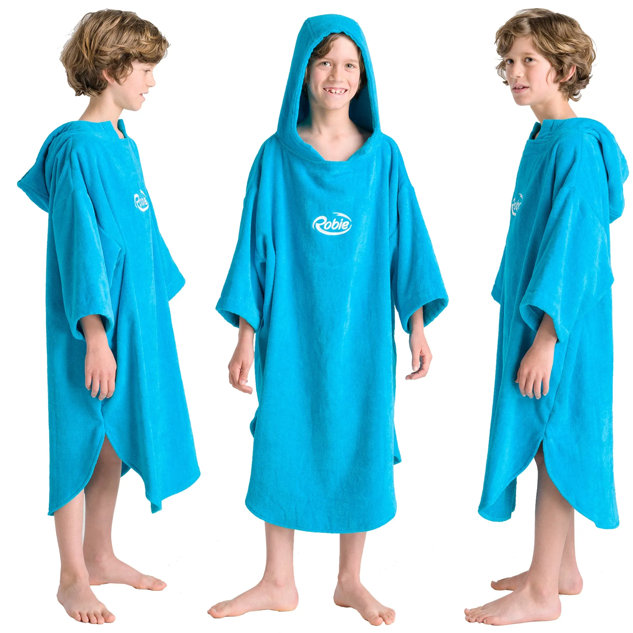 Robie Robes Junior Original Long Sleeve Towelling Beach Changing Poncho - Blue Atoll