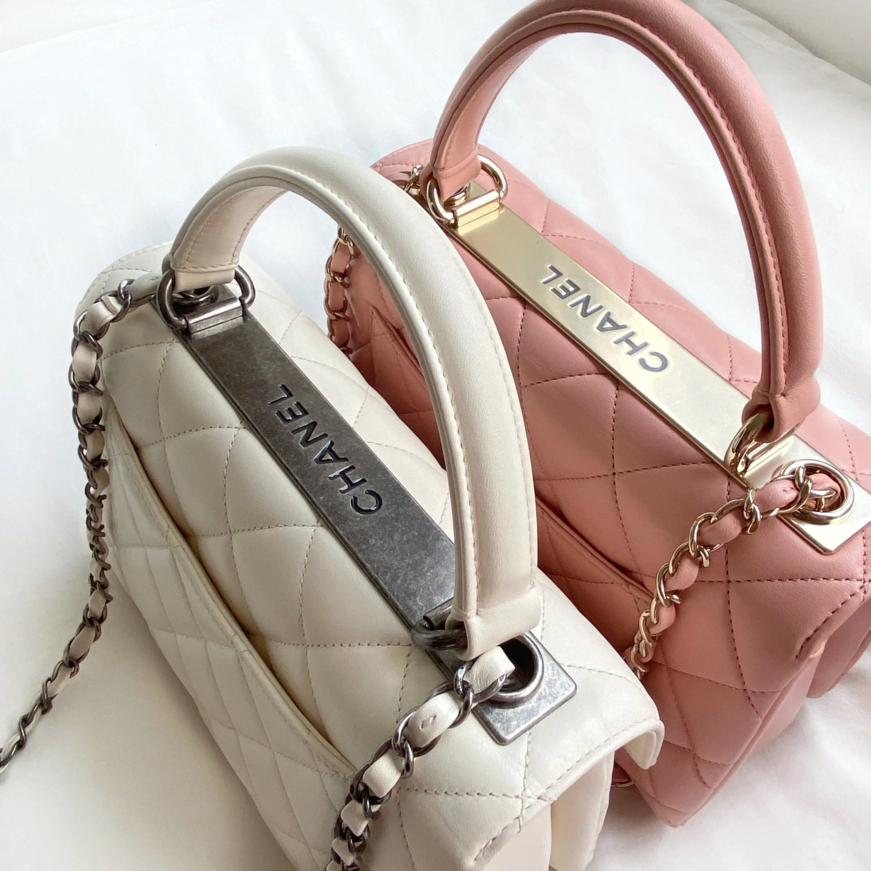 Small Trendy CC Flap Bag with Top Handle in Ivory Lambskin