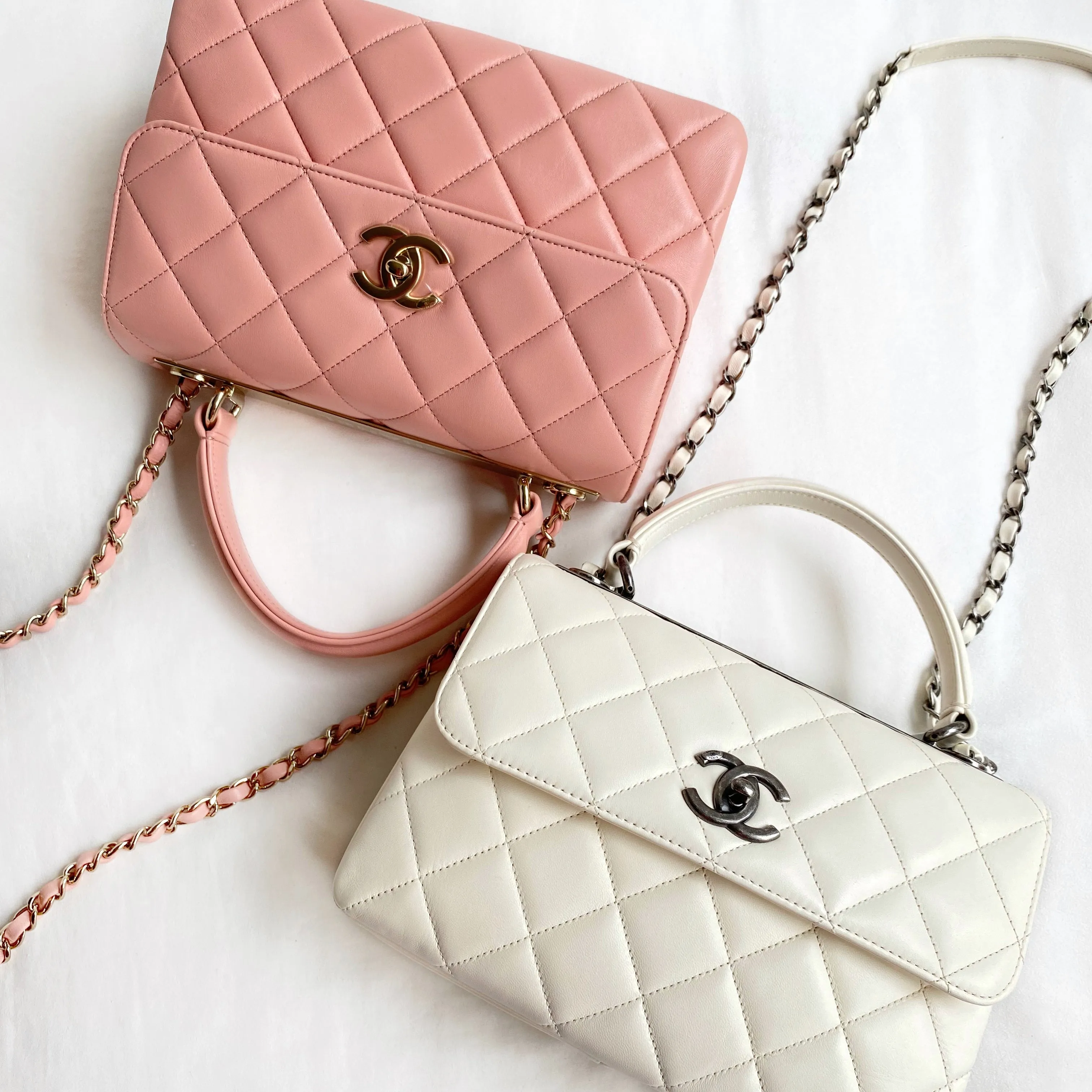 Small Trendy CC Flap Bag with Top Handle in Ivory Lambskin