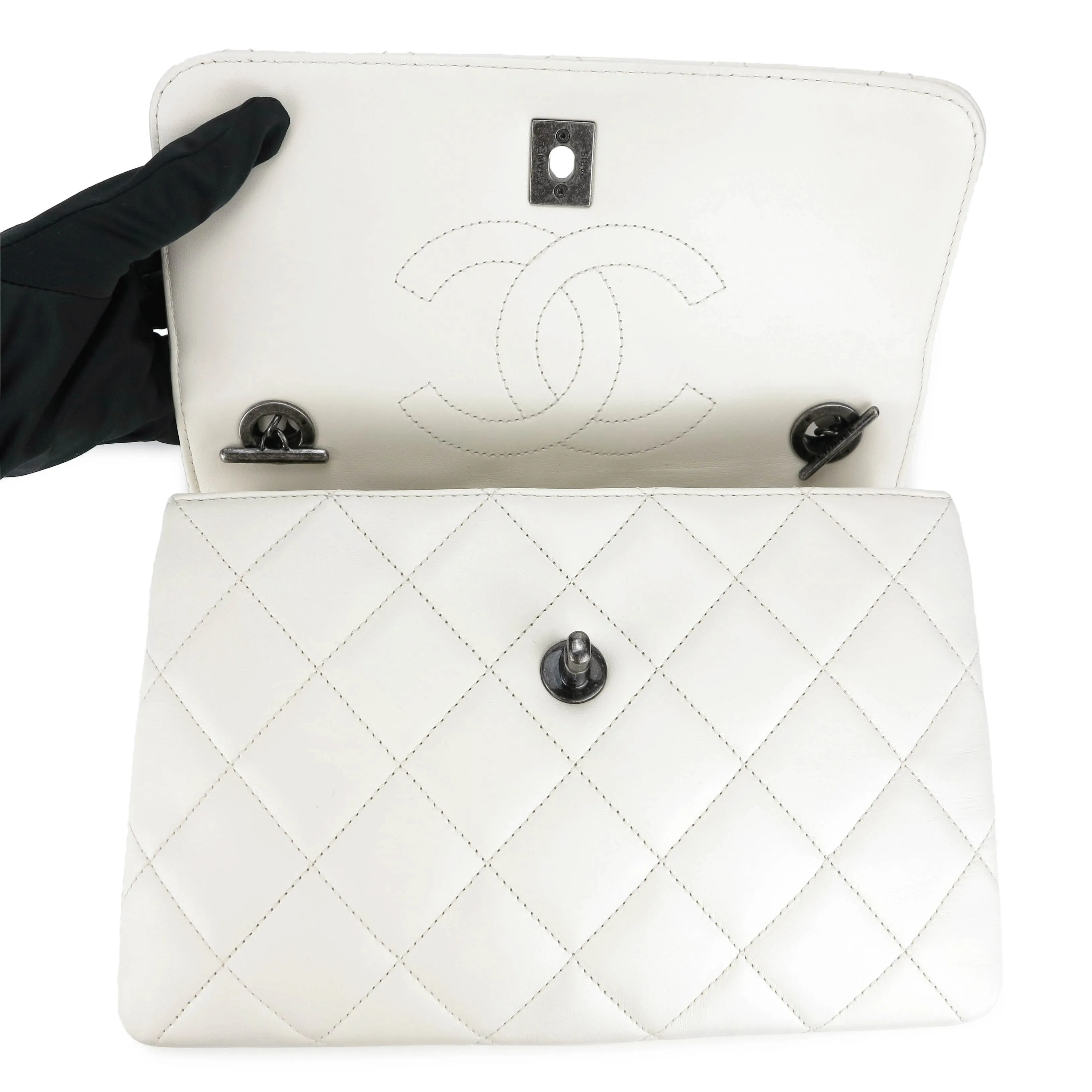 Small Trendy CC Flap Bag with Top Handle in Ivory Lambskin