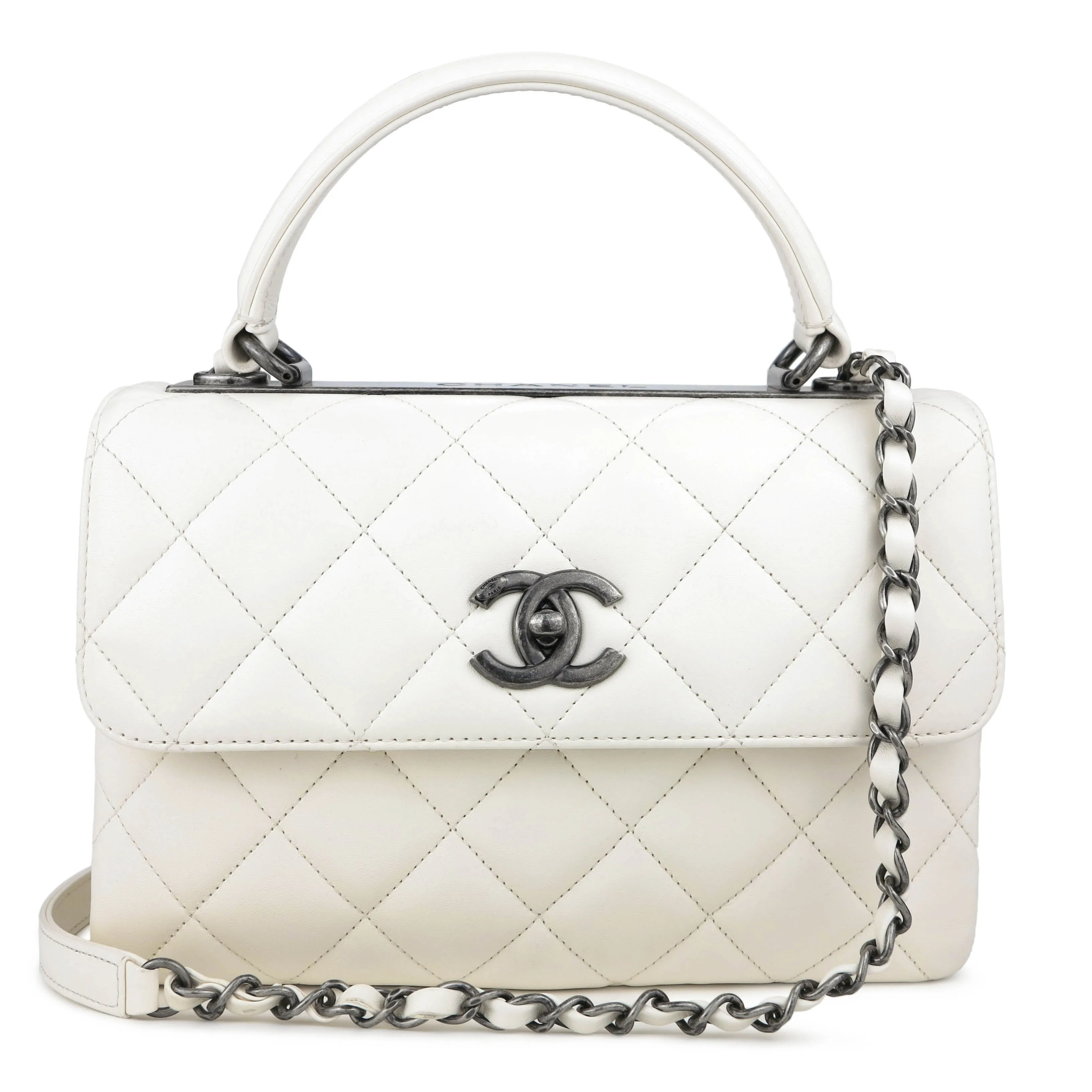 Small Trendy CC Flap Bag with Top Handle in Ivory Lambskin