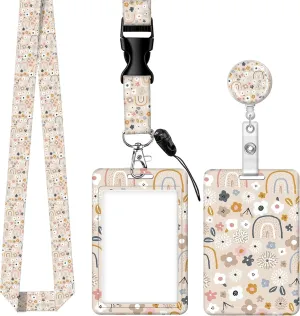 Stylish floral rainbow ID Card Holder with Lanyard for Work Nurse Teacher