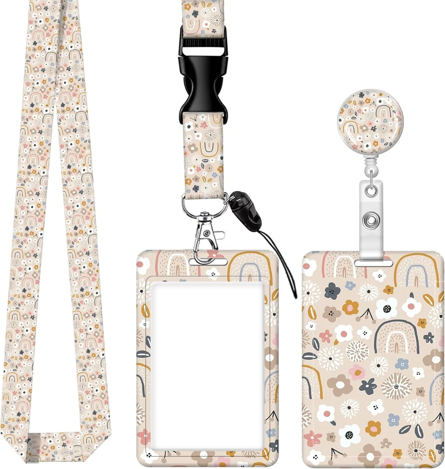Stylish floral rainbow ID Card Holder with Lanyard for Work Nurse Teacher