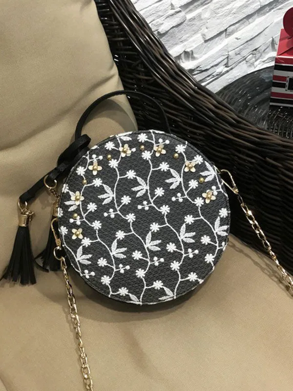 Sweet Lolita Bag Lace Embroidered Tassel Metallic PU Black Lolita Shoulder Bag