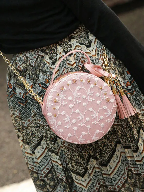 Sweet Lolita Bag Lace Embroidered Tassel Metallic PU Black Lolita Shoulder Bag