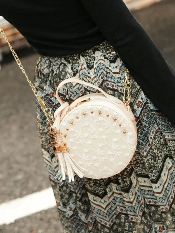 Sweet Lolita Bag Lace Embroidered Tassel Metallic PU Black Lolita Shoulder Bag