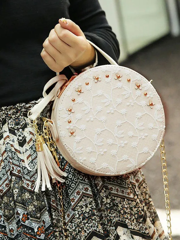 Sweet Lolita Bag Lace Embroidered Tassel Metallic PU Black Lolita Shoulder Bag