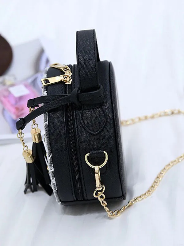 Sweet Lolita Bag Lace Embroidered Tassel Metallic PU Black Lolita Shoulder Bag