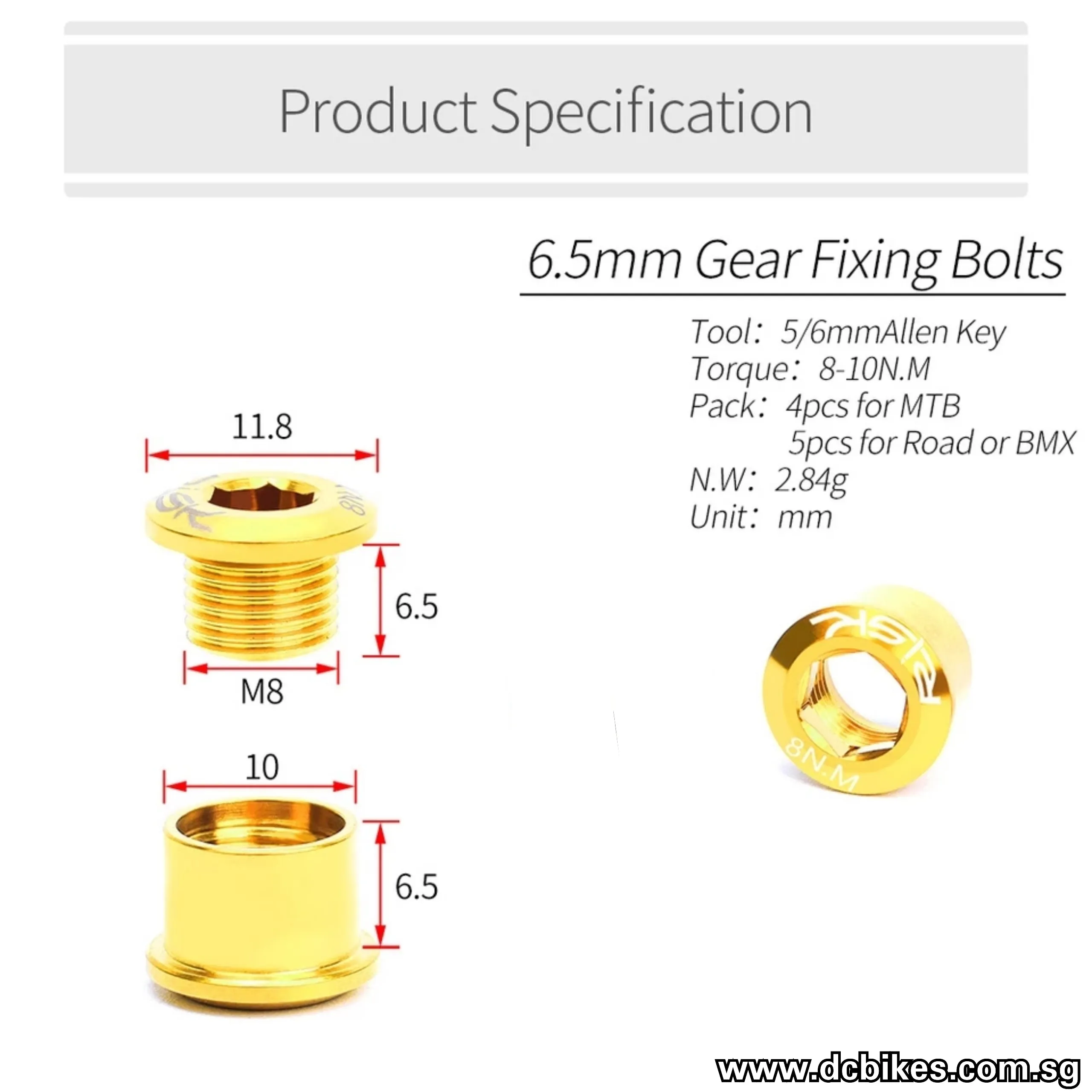 Titanium Gold M8 X 6.5mm Single Speed MTB Chain Ring Bolts (4 Pieces)
