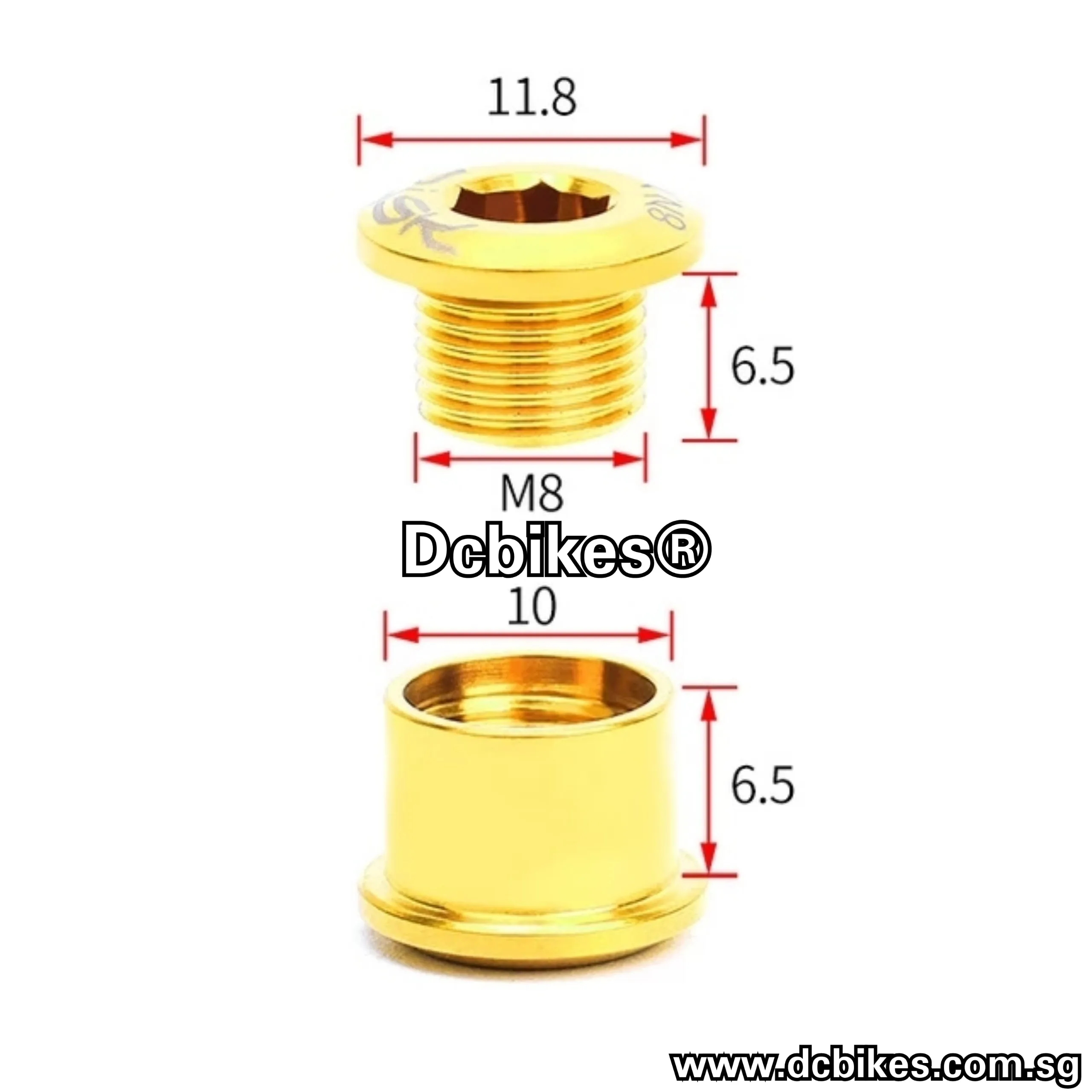 Titanium Gold M8 X 6.5mm Single Speed MTB Chain Ring Bolts (4 Pieces)