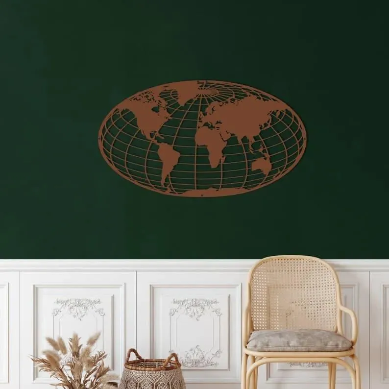 World Map Meridian Metal Wall Art